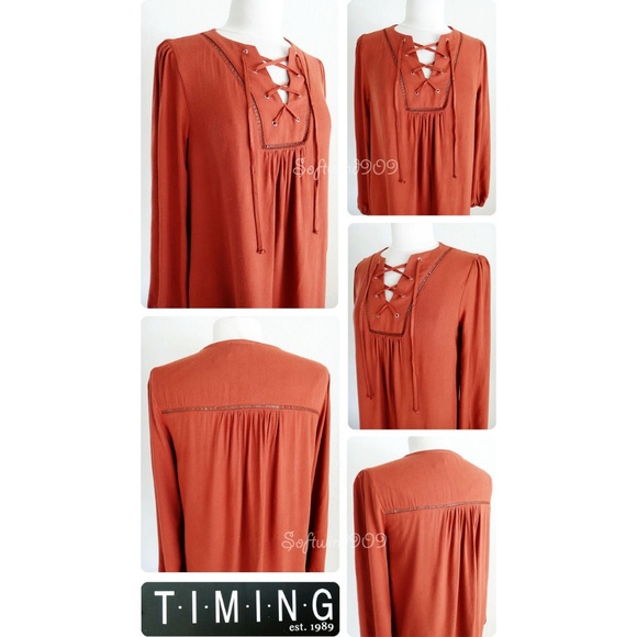 Rust Laced Up Long Sleeves BOHO Flowy Shift Dress - Picture 3 of 7